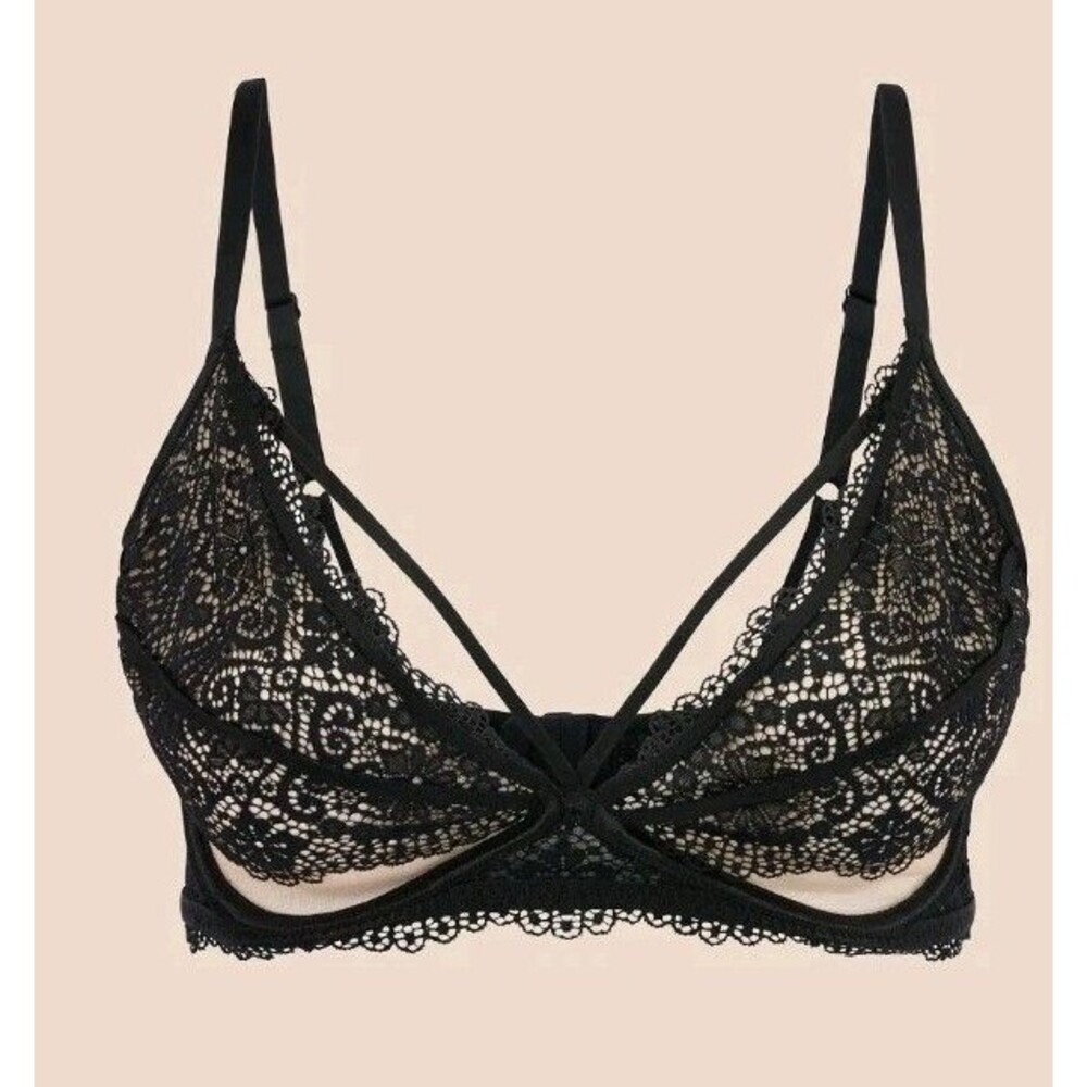 Adore Me Jenni Unlined Plunge Bra Size 42G Black Tan Lace Mesh Underwired